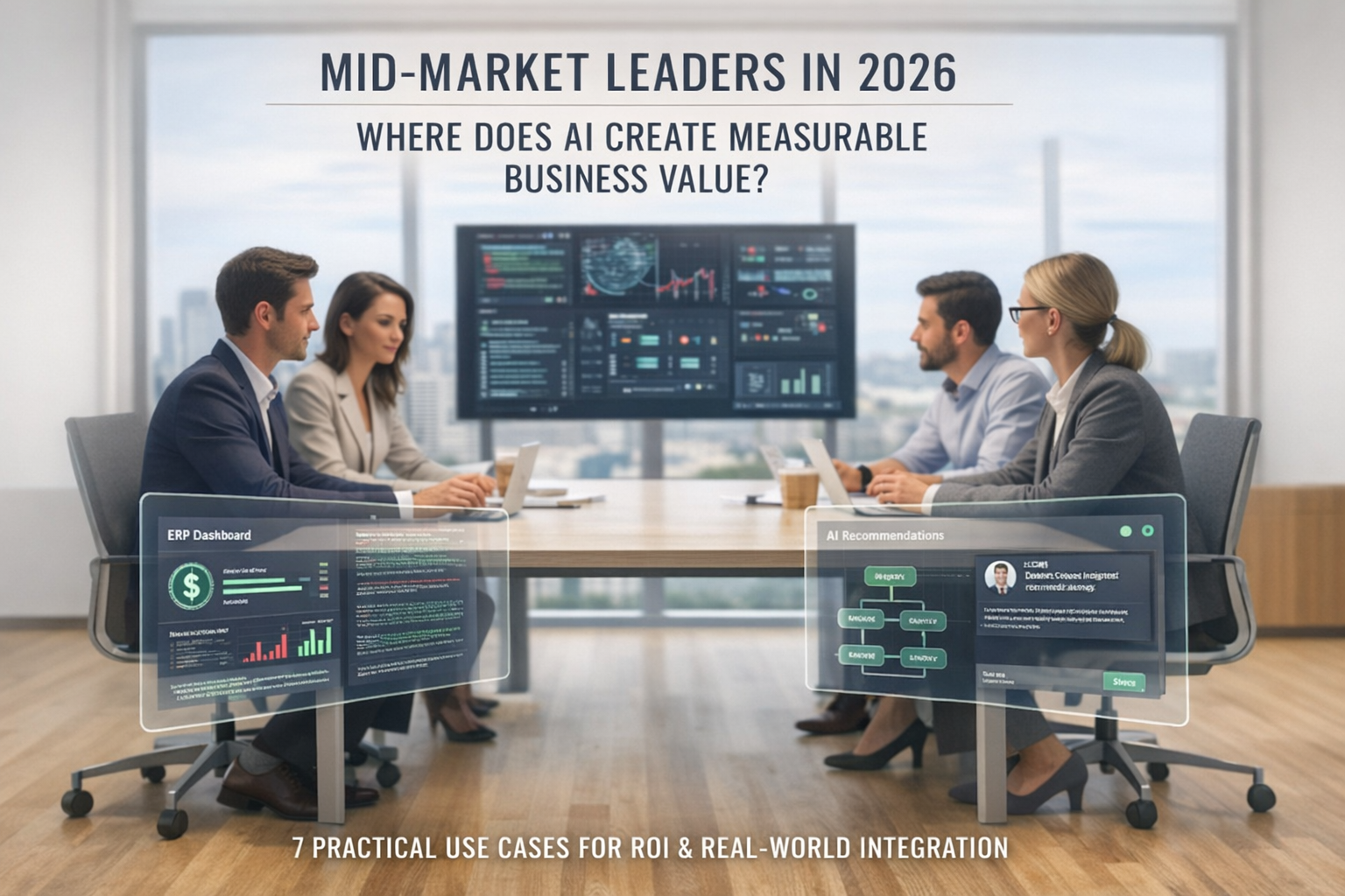 AI and business use cases diagram showing 7 practical applications for mid-market companies
