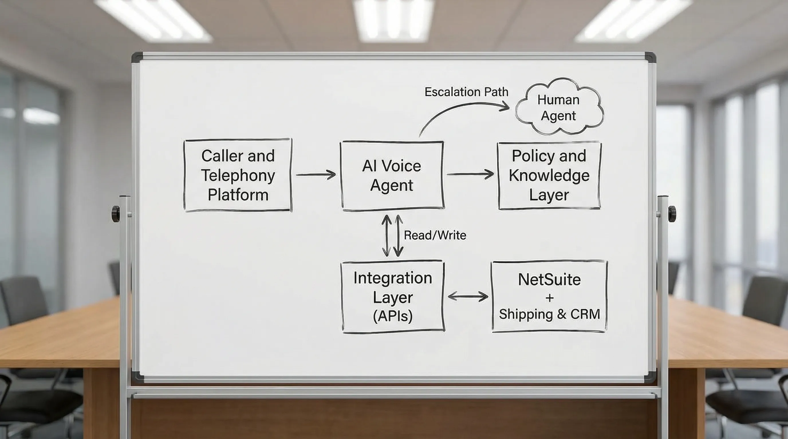 AI call agent reference architecture showing telephony, voice agent, policy layer, integration layer, and NetSuite
