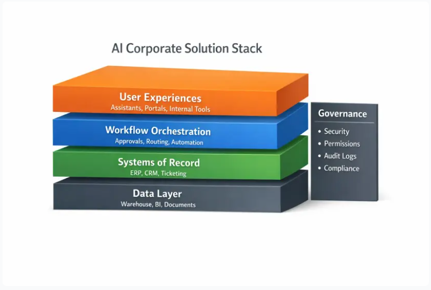 AI Corporate Solution Stack diagram showing layered architecture: User Experiences, Workflow Orchestration, Systems of Record, Data Layer, and Governance