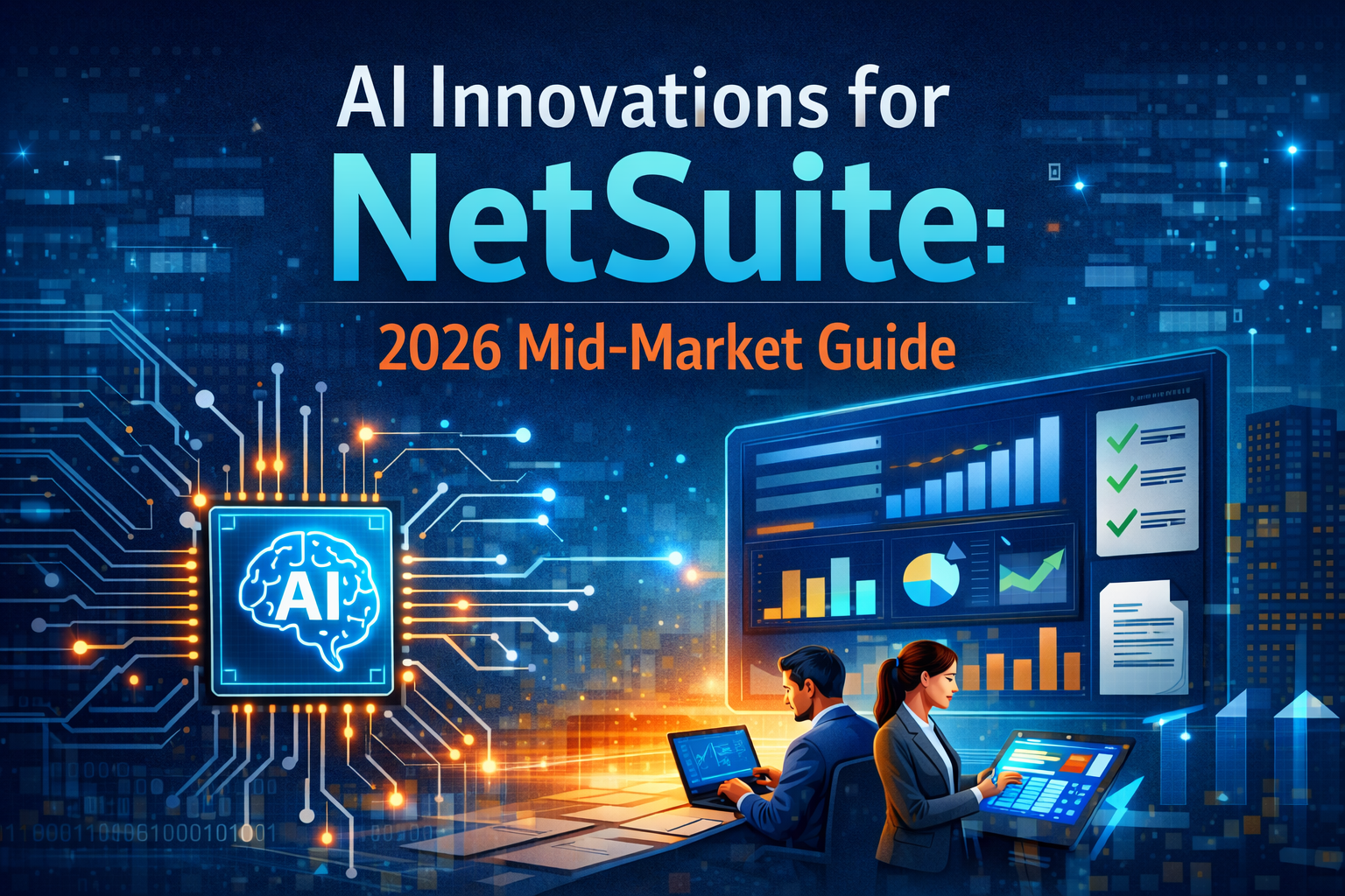 AI Innovations for NetSuite 2026 Mid-Market Guide — professionals analyzing ERP data with AI dashboard