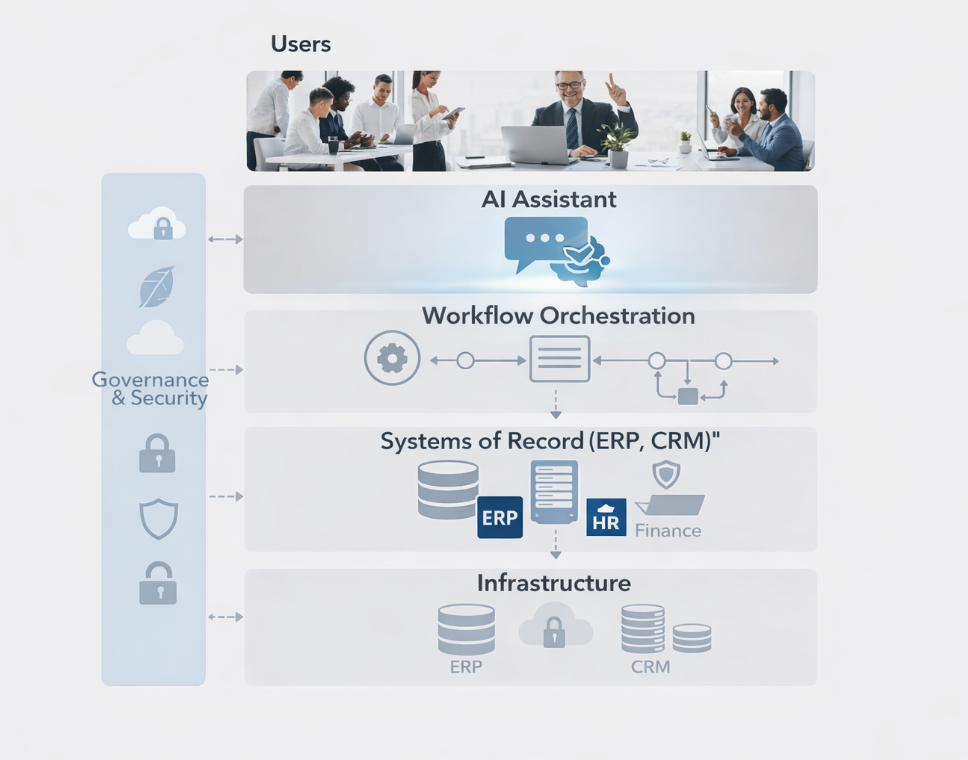 AI integration layers diagram showing users, AI assistant, workflow orchestration, systems of record, and governance