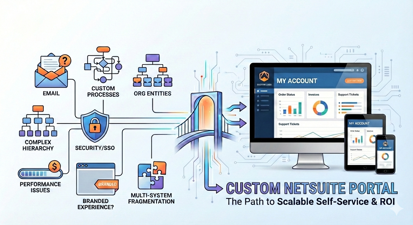 Team reviewing custom NetSuite portal requirements and decision criteria