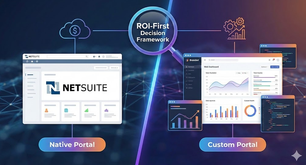 NetSuite native portal compared to custom portal with ROI-first decision framework showing both options