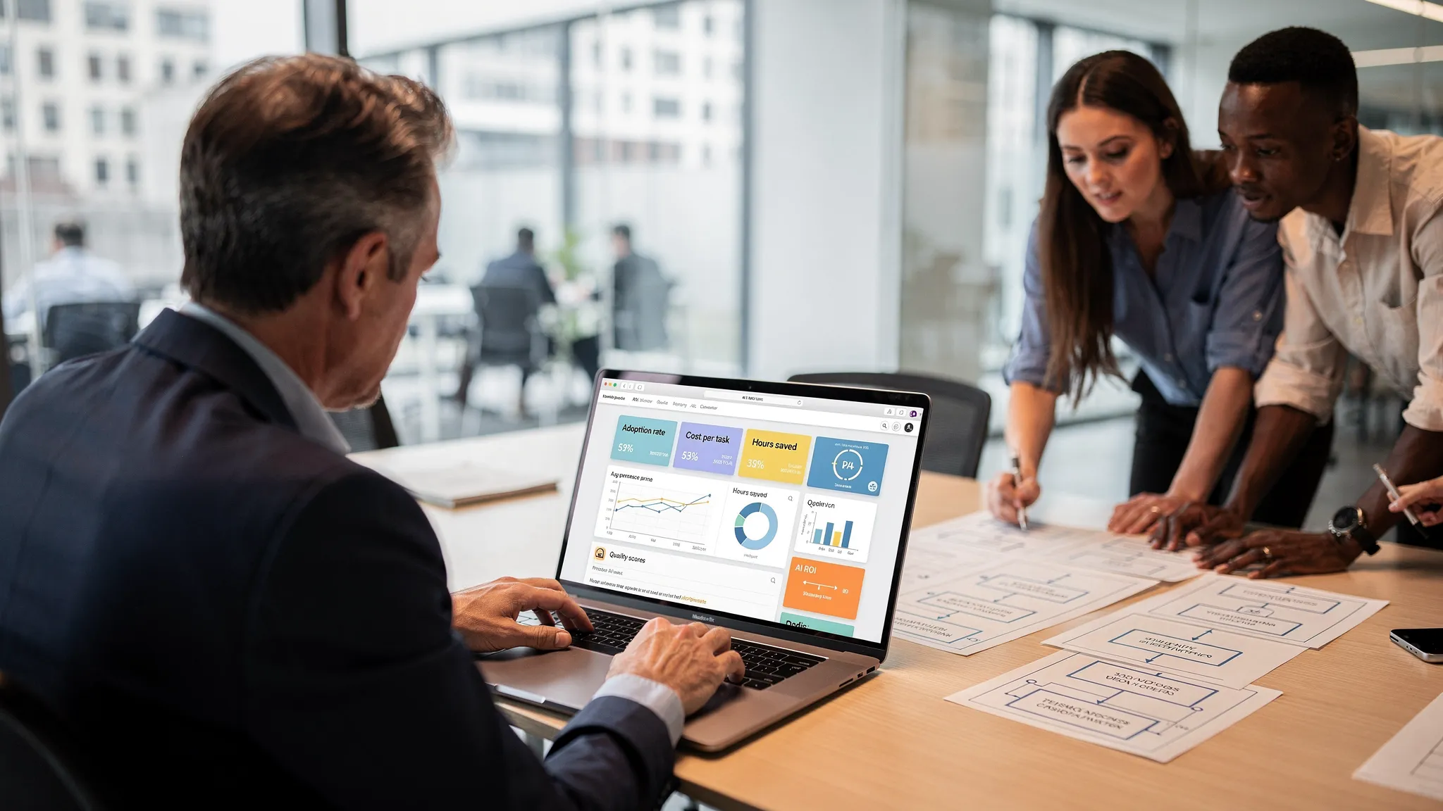A mid-market operations leader reviews an AI ROI dashboard showing adoption rate, cost per task, hours saved, and quality scores while team collaborates with process maps