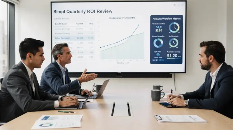 Quarterly ROI review meeting with executives reviewing benefits ledger, payback chart, and NetSuite workflow metrics on display