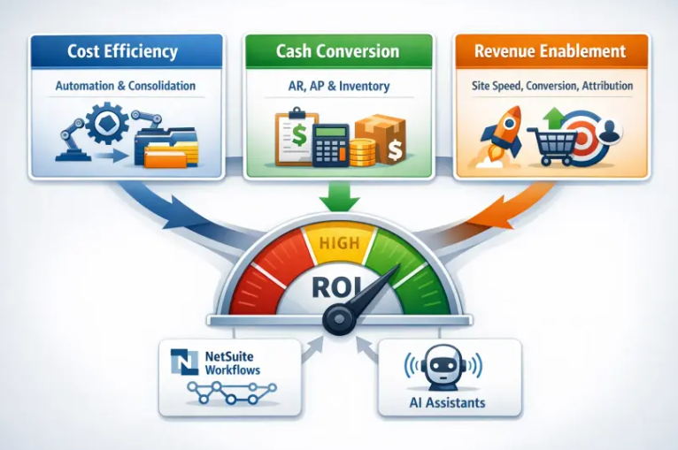 ROI framework showing three buckets - Cost Efficiency, Cash Conversion, and Revenue Enablement - flowing into an ROI gauge powered by NetSuite Workflows and AI Assistants